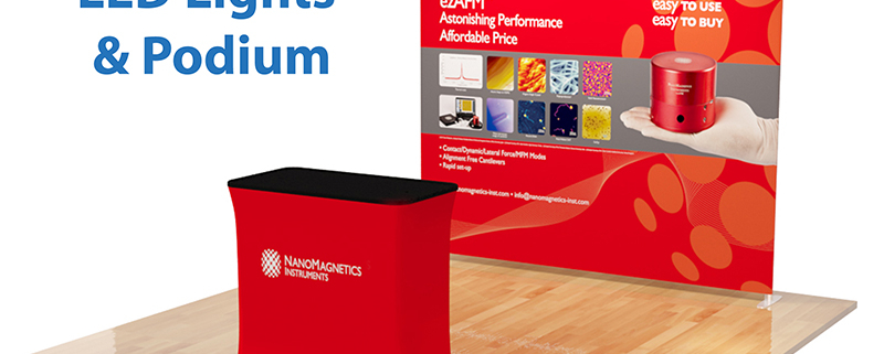 Red trade show booth display with podium