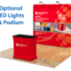 Red trade show booth display with podium
