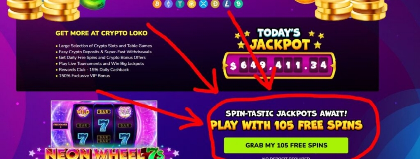 Casino webpage highlighting jackpot and free spins