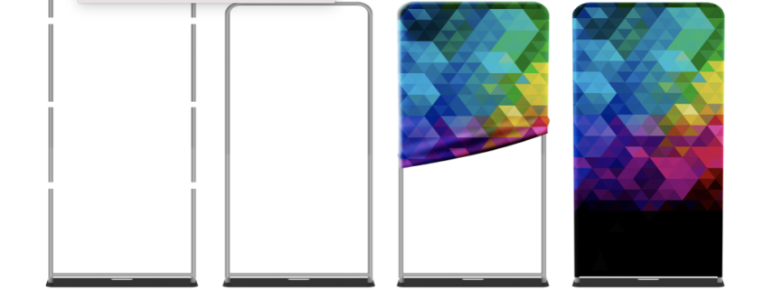 Tension fabric display stand with colorful geometric print