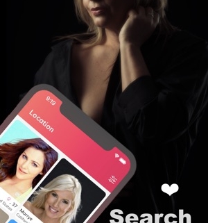 Woman beside dating app screen with profiles