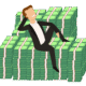 Businessman reclining on stacks of money