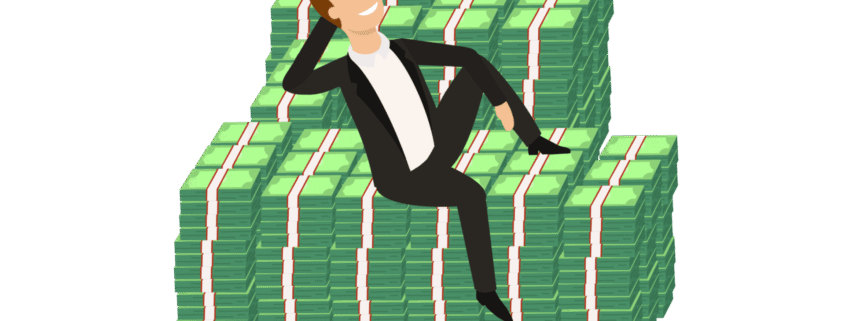 Businessman reclining on stacks of money
