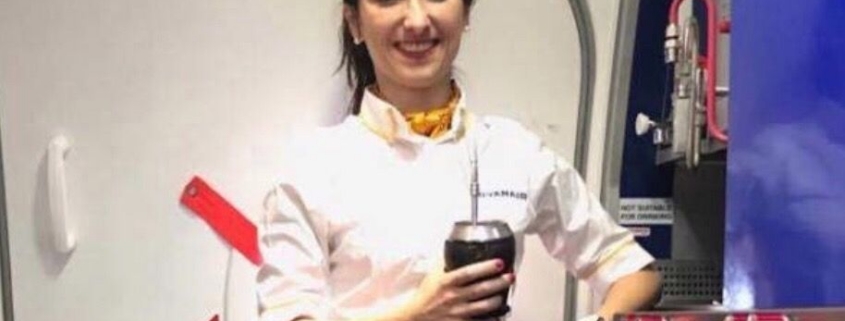 Smiling flight attendant holding drink aboard plane