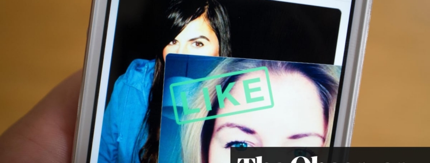 Smartphone showing Tinder profile with LIKE stamp