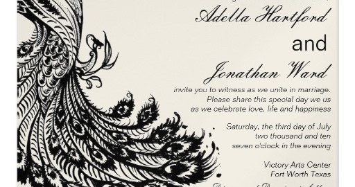 Wedding invitation with ornate black peacock motif