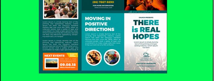 Church brochure sample layout on green background