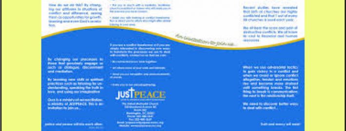 Blue and yellow Just Peace brochure layout