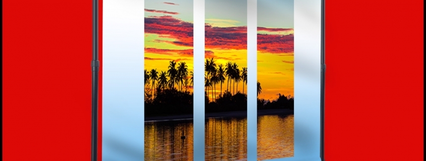 Three-panel tropical sunset backdrop on stand