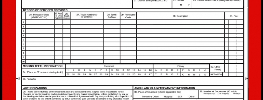 Dental claim form on red background
