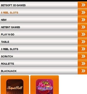 Orange mobile casino app menu with games