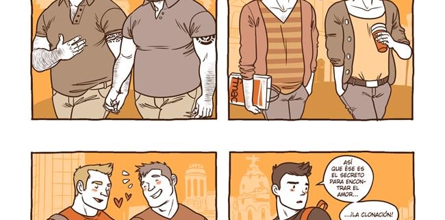 Four-panel comic: men flirting, one excluded