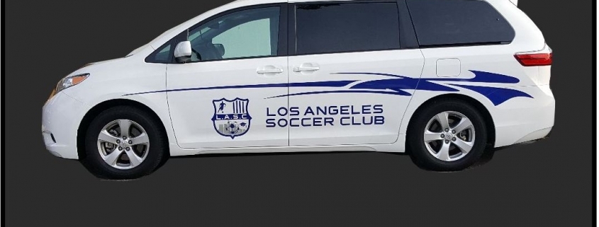 White minivan with Los Angeles Soccer Club logo