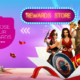 Casino rewards banner with slot and characters