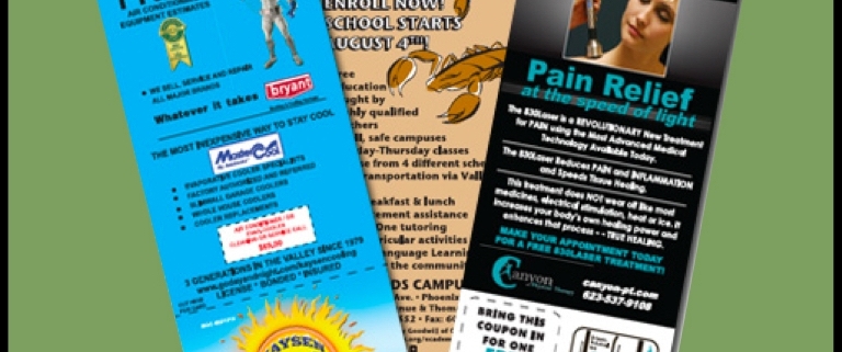 Three promotional door hangers on green background