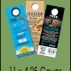 Three promotional door hangers on green background