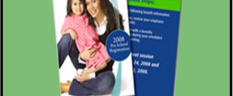 Two brochures showing smiling woman and child