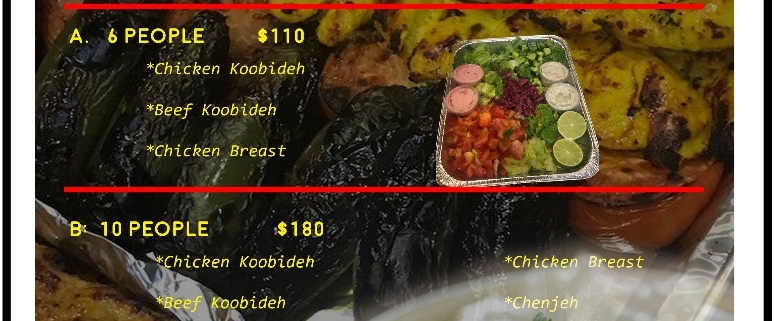 Kababe Grill menu showing plated kabob and sides