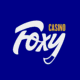 Foxy Casino white script logo on blue