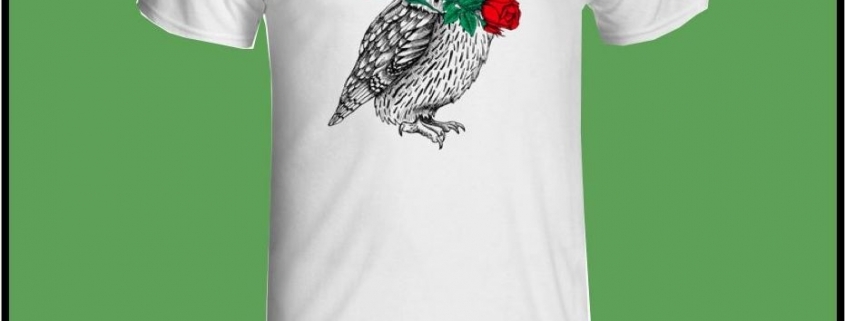 White T-shirt with owl wearing fedora and rose