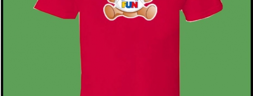 Red t-shirt with colorful teddy bear print
