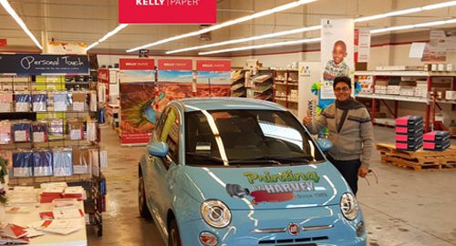 Blue Fiat 500 printing car at Kelly Paper