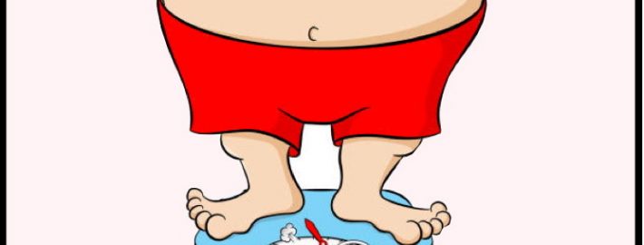 Cartoon overweight man in red shorts on scale