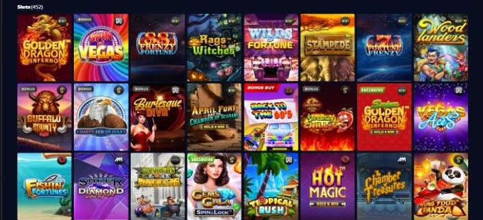 Grid of colorful online slot game thumbnails