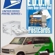 USPS logo, postcards, and delivery van collage