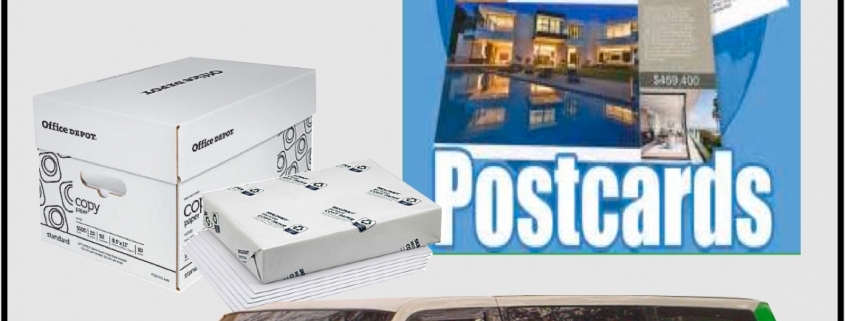 USPS logo, postcards, and delivery van collage