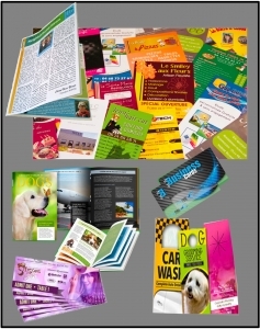 Colorful printed marketing brochures and flyers