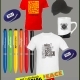 Assorted branded promotional items: shirts, pens, mug, cap