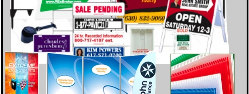 Collage of real estate signs and brochures