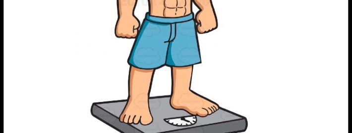 Cartoon fit man standing on bathroom scale