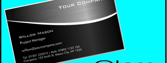 Glossy black business card on turquoise background
