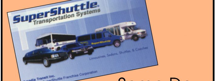 SuperShuttle brochure showing shuttle, limo, and cars