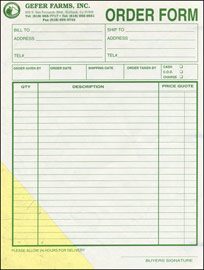 Blank green order form with itemized table