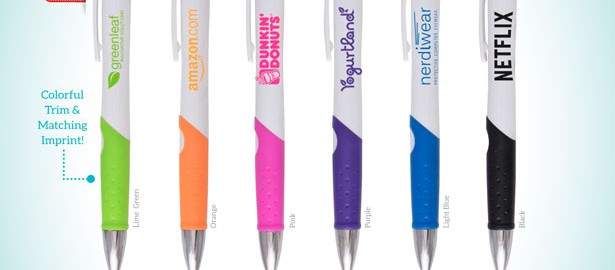 Six colorful branded promotional ballpoint pens