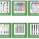 Six colorful pen sets labeled with product names