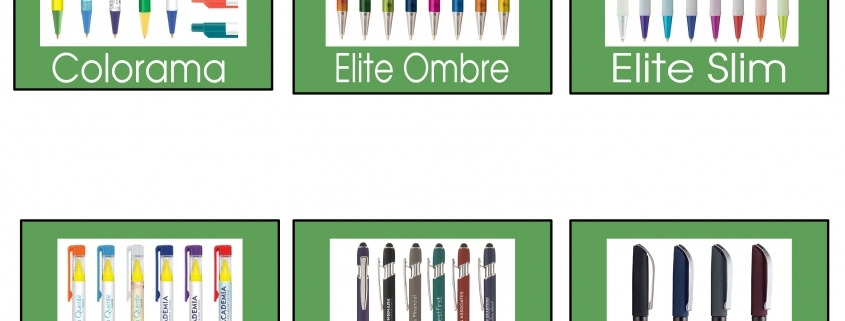 Six colorful pen sets labeled with product names