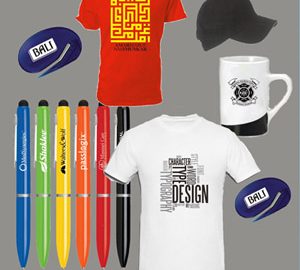 Promotional samples: pens, t-shirts, mug, cap