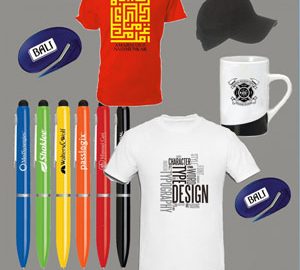 Promotional merchandise samples: shirts, pens, mugs, caps