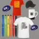 Promotional merchandise samples: shirts, pens, mugs, caps