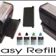 Self-inking stamp cartridges with refill ink bottles