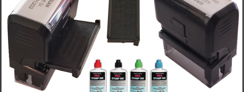 Self-inking stamp cartridges with refill ink bottles