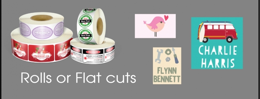 Adhesive label rolls and flat-cut examples