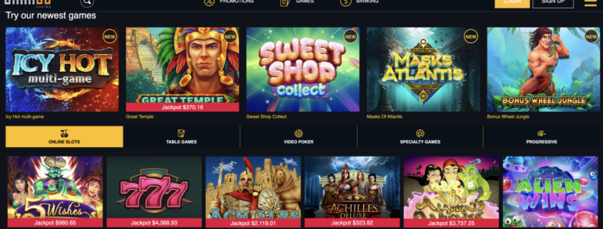 Online casino games webpage with colorful thumbnails