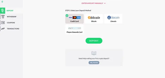 Casino deposit page with credit card and crypto
