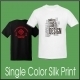 Two t-shirts displaying single-color silk prints