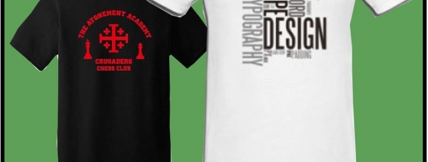 Two t-shirts displaying single-color silk prints